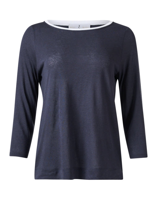 Navy and White Lightweight Linen Blend Knit Women's Top for Casual Wear