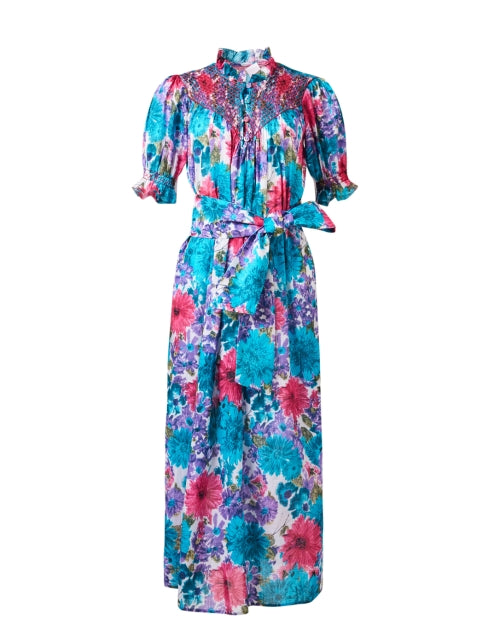 Elena Blue Floral Printed Cotton Dress with Self - Tie Waist