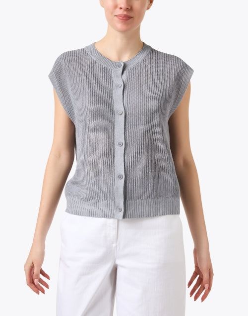 Eileen Fisher Women's Grey Ribbed Cotton-Linen Blend Sleeveless Cardigan for Transitional Seasons