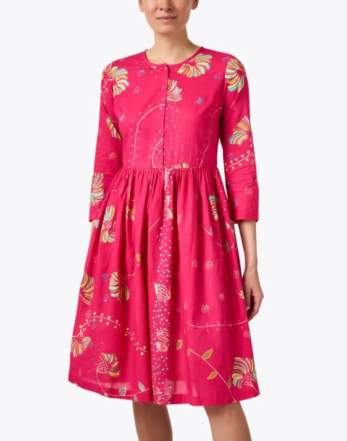 Stylish Fuchsia Print Mini Cotton Dress with Gathered Waist