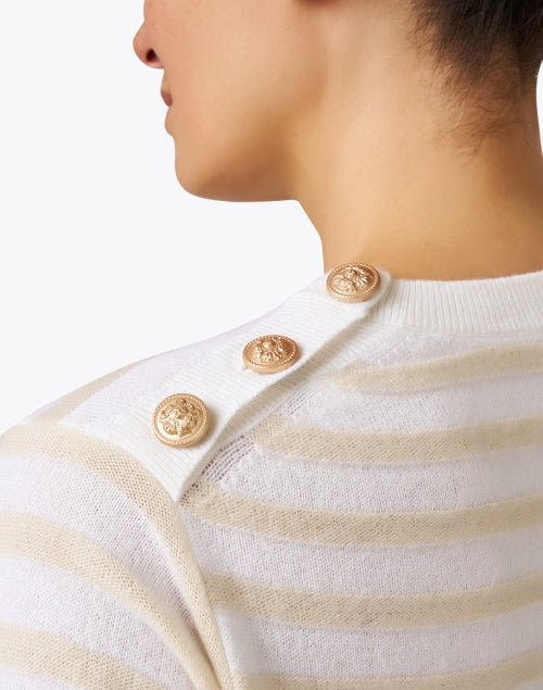 Stylish Beige and Ivory Striped Short - Sleeve Wool Cashmere Blend Crew Neck Sweater