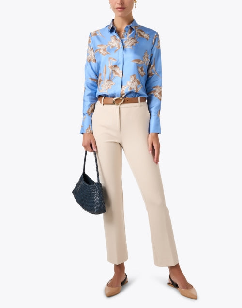 Stylish Lightweight Blue Silk Blouse with Floral Block Print