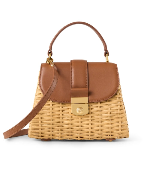 Stylish Small Tan Leather-Rattan Wicker Bag with Gold Hardware
