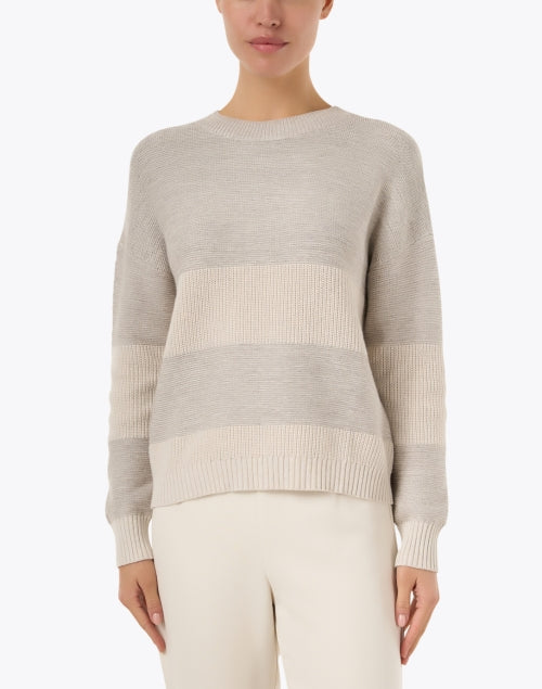 Stylish Beige Lurex Striped Crewneck Sweater for Everyday Wear