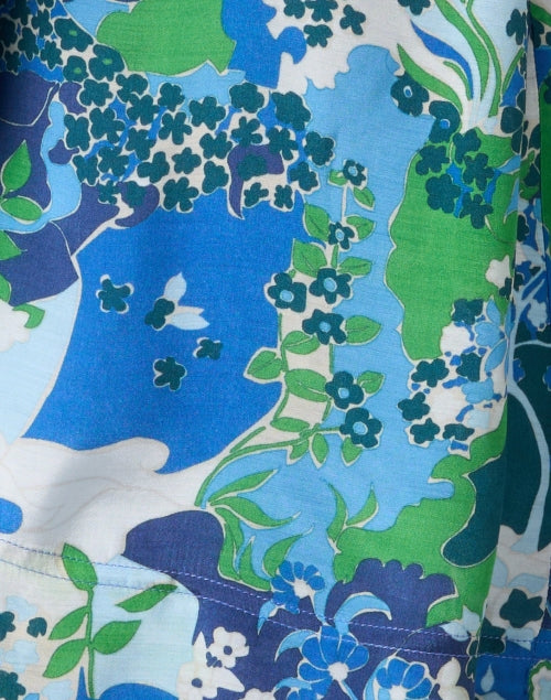 Stylish Ebba Blue Floral Cotton Blend Henley V-Neck Blouse