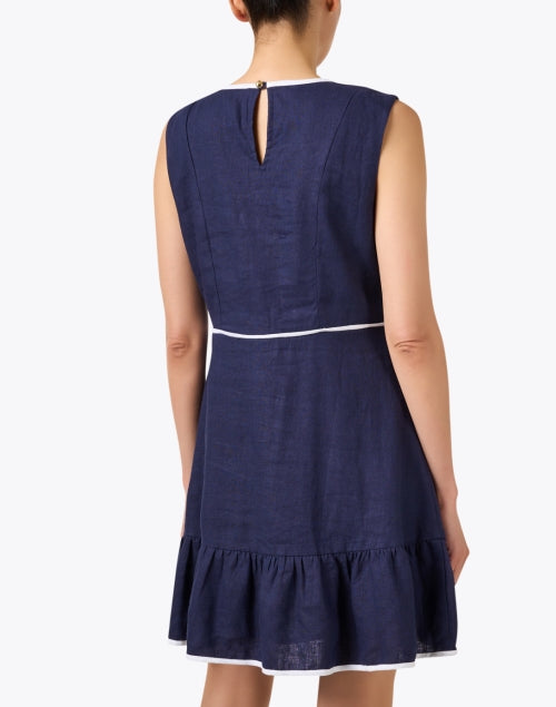 Stylish Navy Linen Blend Ruffle Hem A-Line Dress for Beach