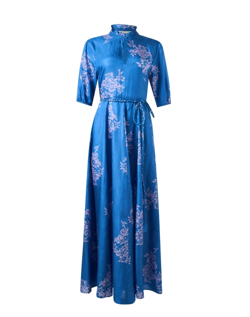 Stylish Blue Floral Patterned Silk Women's Dress