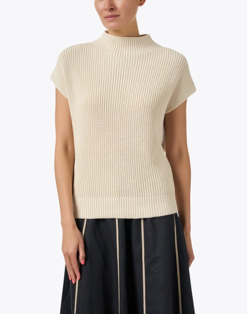 Beige Cotton Blend Cap Sleeve Mock Neck Sleeveless Sweater for Layering
