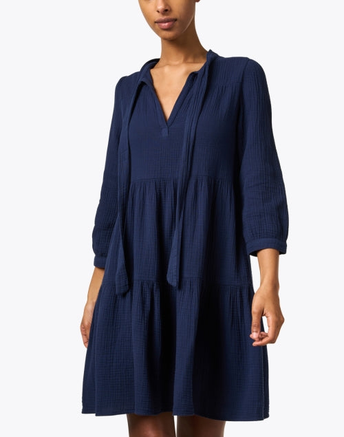 Navy Featherweight Crinkled Cotton Gauze Tiered Giselle Dress