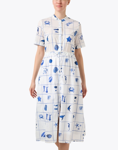 Aroa White Cotton Dress with Striking Marine Print