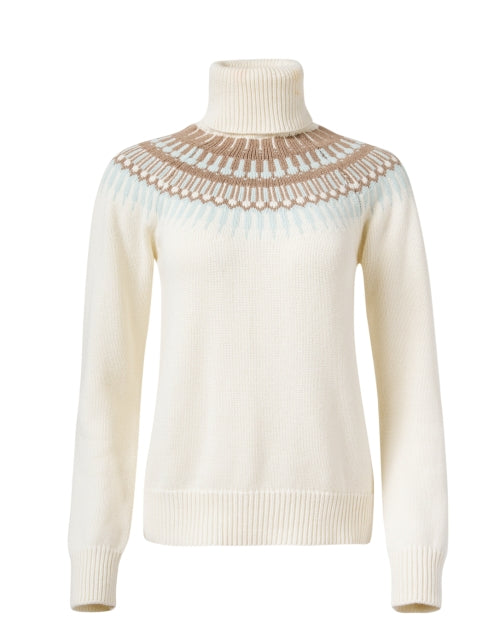 Stylish Helsinki White Turtleneck Sweater with Multi - Print Design