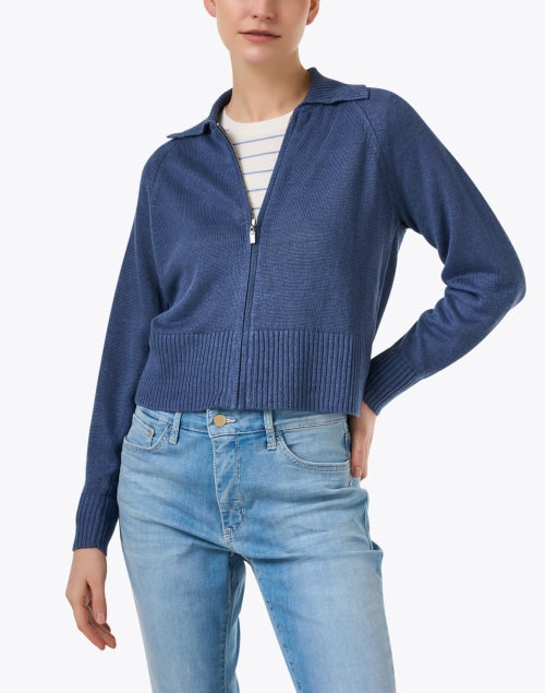 Navy 100% Linen Zip-up Cropped Jacket for Relaxed Weekend Wear