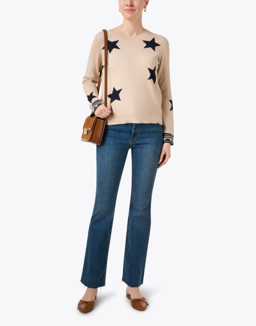 Beige and Navy Colored Star-Printed Cotton Cashmere Blend Knit Sweater