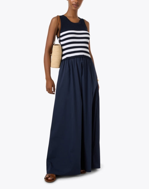 Navy Blue Striped Knitted Poplin Women's Maxi Dress