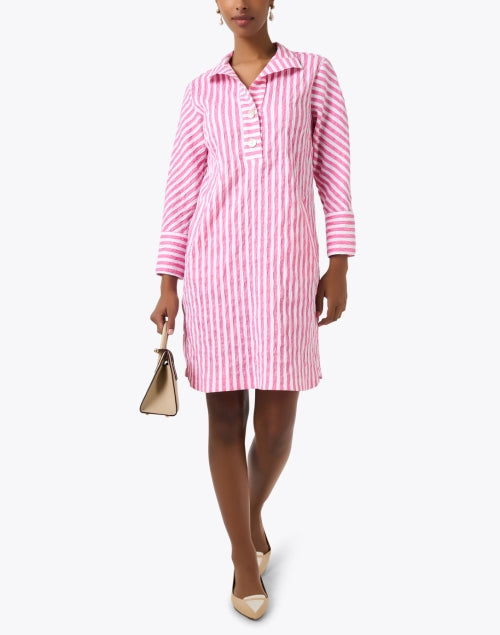 Elegant Pink and White Striped Women's Stretch Cotton Blend Shirt Dress