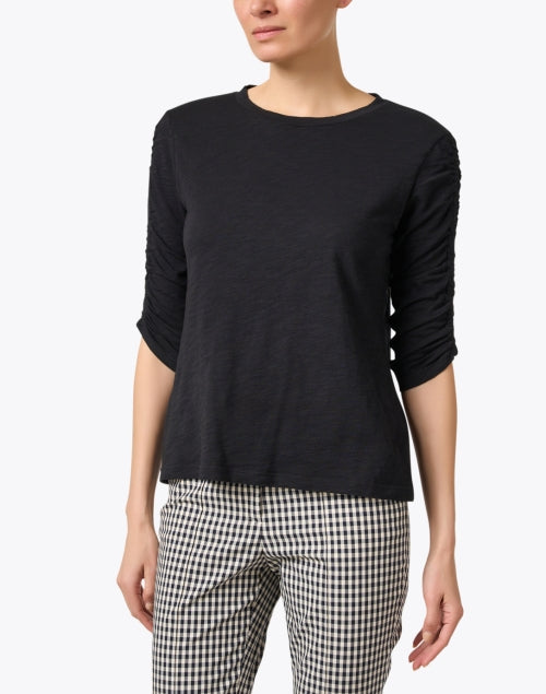 Stylish Black 100% Cotton Top with Ruched Elbow-Length Sleeves