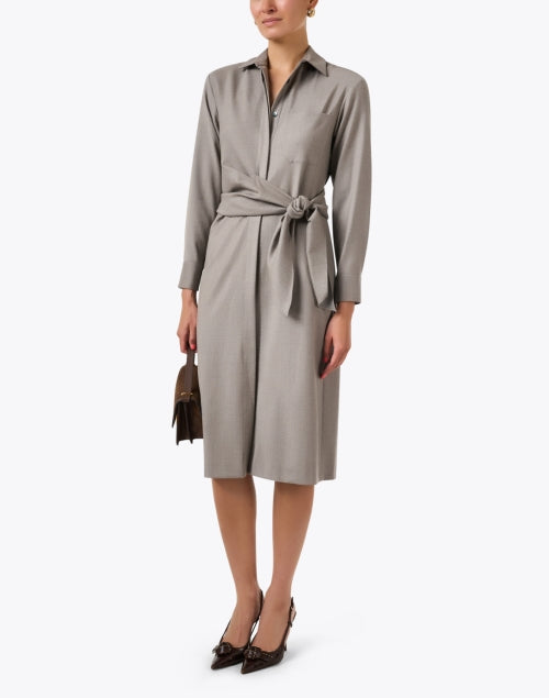 Elegant Taupe Wool Blend Knit Shirt Dress by Ladispoli