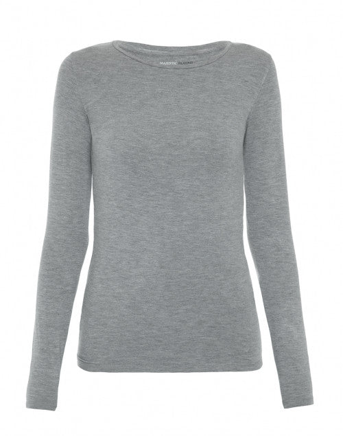 Luxurious Grey Stretch Viscose Long-Sleeved Crew Neck Women's Top