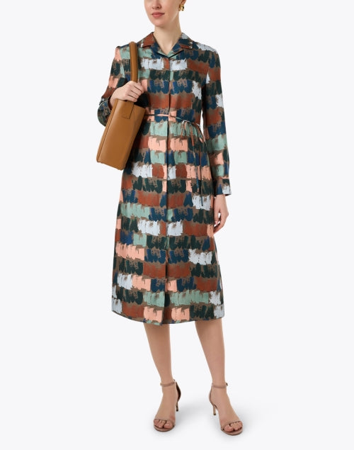 Multicolored Print Silk Midi Shirt Dress