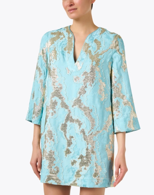 Exquisite Ines Turquoise and Gold Metallic Jacquard Shift Dress