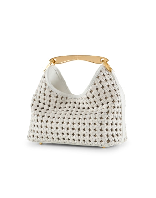Elegant White Woven Leather Boomerang Handbag for Fashionable Women
