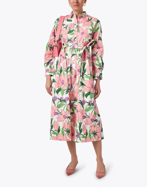 Charming Pink Floral Print Cotton Women's Shirt Dress for Spring