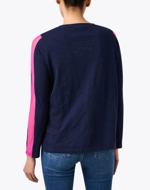 Navy-Colored 100% Cotton Mesh Striped Casual Top