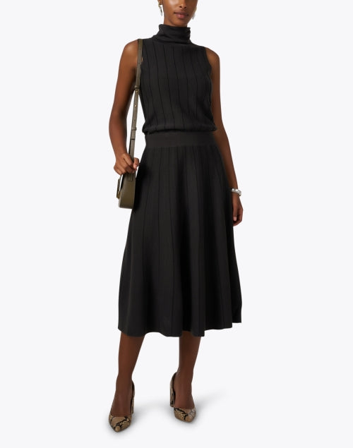 Stylish Charcoal Grey Elastic-Waist Ribbed Midi A-Line Skirt