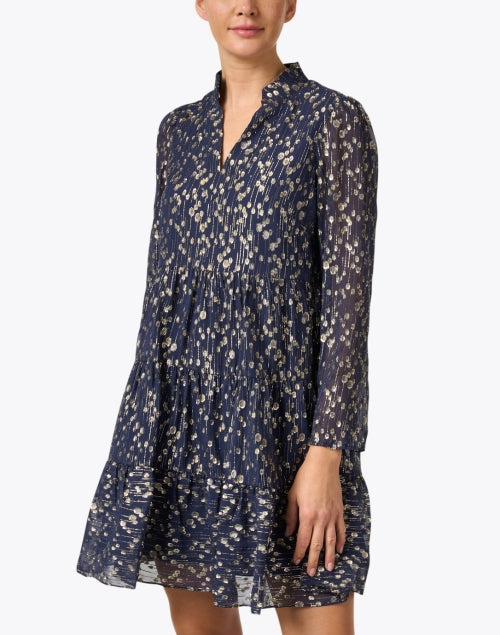 Stylish Navy and Shiny Gold Metallic Print Women's Dress for Casual Wear
