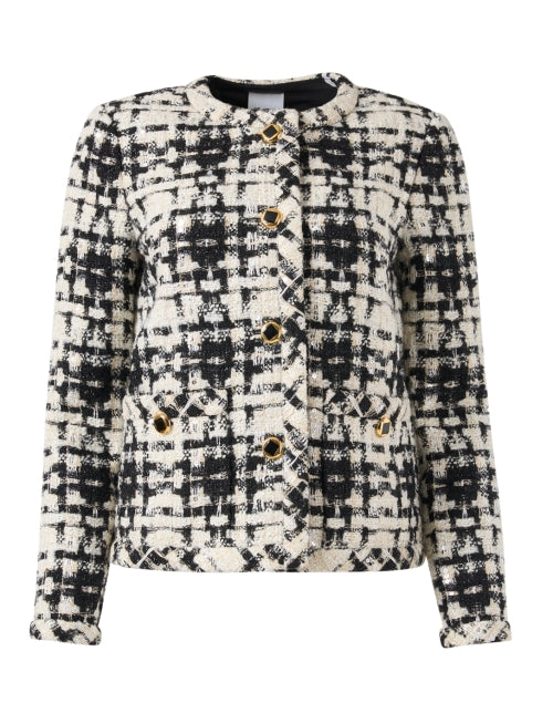 Stylish Black and White Plaid Luxury Tweed Jacket with Gold Buttons