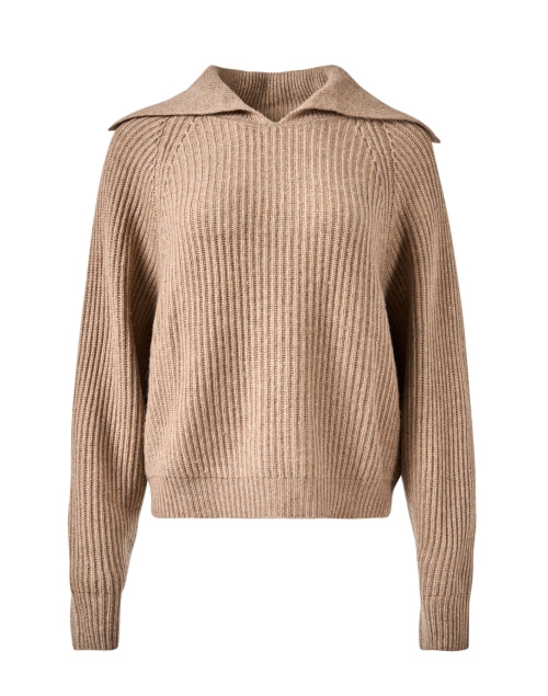 Stylish Taupe Wool - Cashmere Blend Sweater with Oversized Collar and Balloon Sleeves