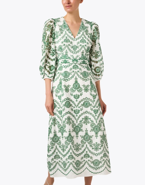 Ivory and Green Cotton Eyelet Glenda Midi Dress for All Events