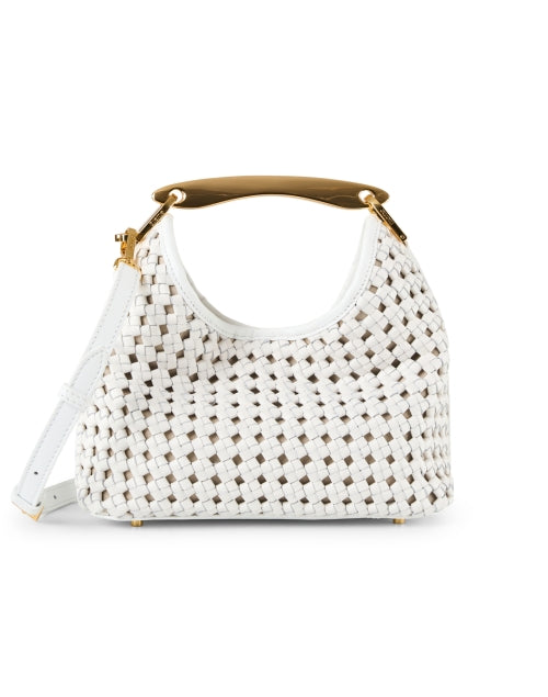 Elegant White Woven Leather Boomerang Handbag for Fashionable Women