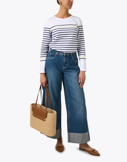 Etel Navy and White Striped Long - Sleeve Cotton Top with Yellow Accent