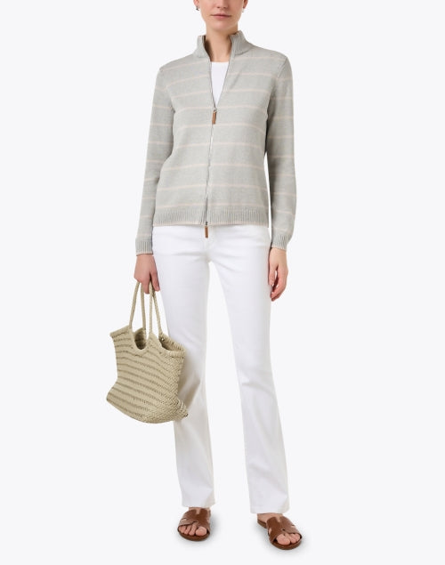 Luxurious Dove Grey Striped Cotton-Silk Blend Knit Zip Jacket