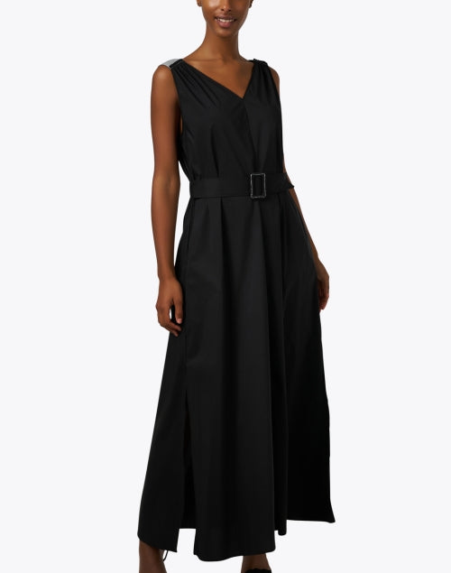Elegant Black Cotton Blend A-Line Maxi Dress with Belt and Shoulder Details