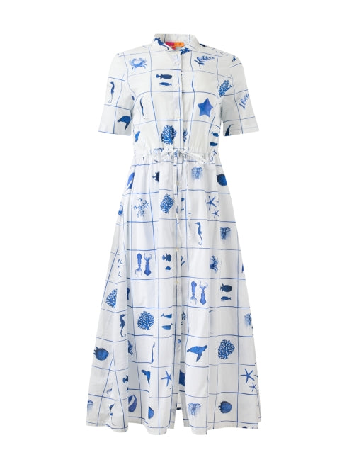 Aroa White Cotton Dress with Striking Marine Print