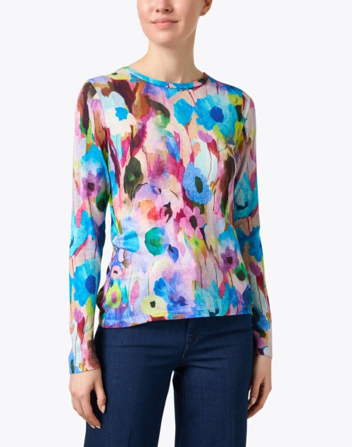 Stylish Blue Abstract - Patterned Cashmere - Silk Blend Sweater