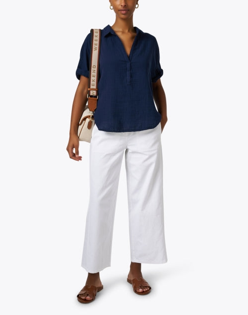 Navy Blue Cotton Gauze Casual Collared Cruz Women's Top
