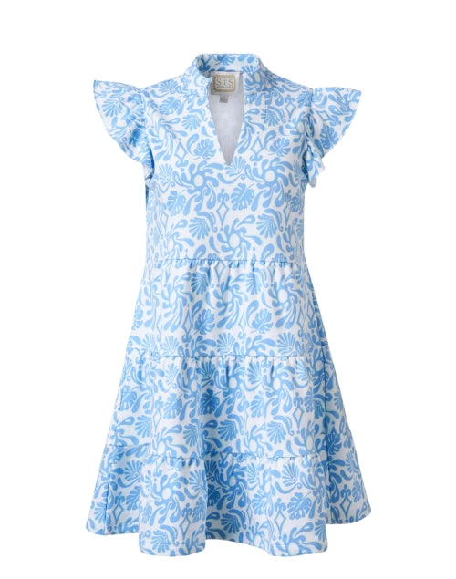 Stylish Blue Floral Print Mini Tiered Tunic Dress with Flutter Sleeves