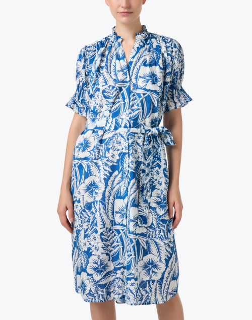 Vera Tropical Hibiscus Print Blue Cotton Shirt Style Dress
