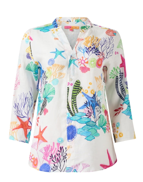 Juliet White Linen Top with Stunning Marine Print