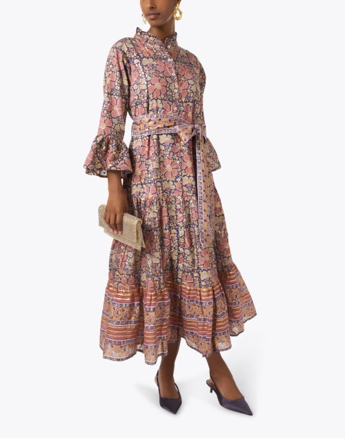 Stylish Pink and Golden Floral Print Cotton Women's Dress