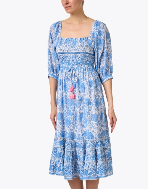Bell's Millie Women's Blue Floral Print Cotton Silk Blend Casual Dress