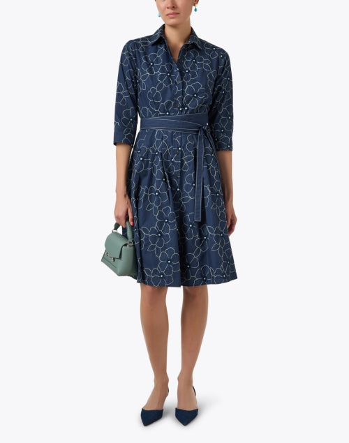 Navy Blue Floral Embroidered Cotton Blend Shirt Dress