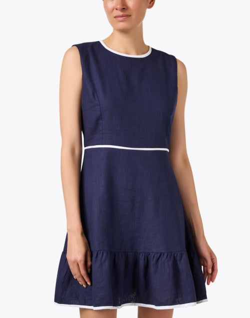 Stylish Navy Linen Blend Ruffle Hem A-Line Dress for Beach