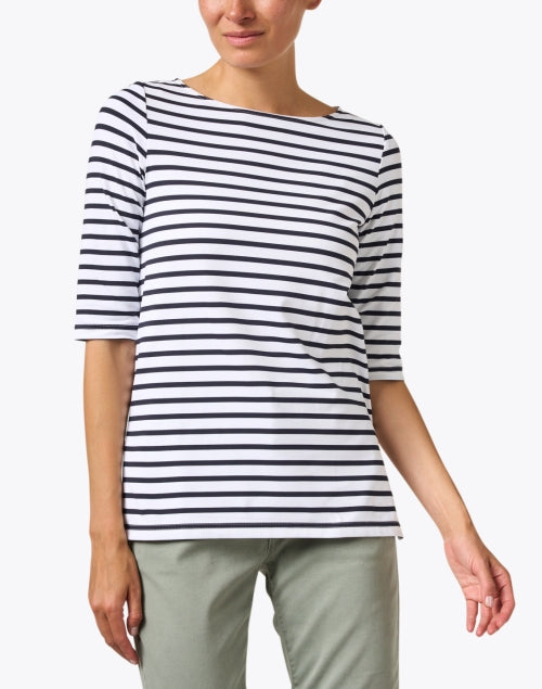 Stylish White and Navy Striped Shirt with UV Protection