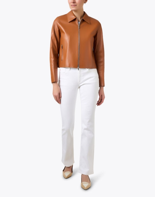 Stylish Copper Brown Lambskin Leather Zip-Up Jacket for Fashionable Wardrobe