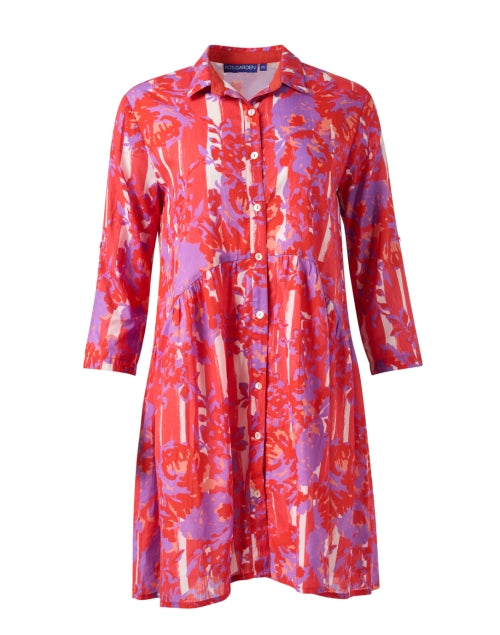Ro's Garden Deauville Loose-Fit Coral Floral Print Cotton Shirt Dress