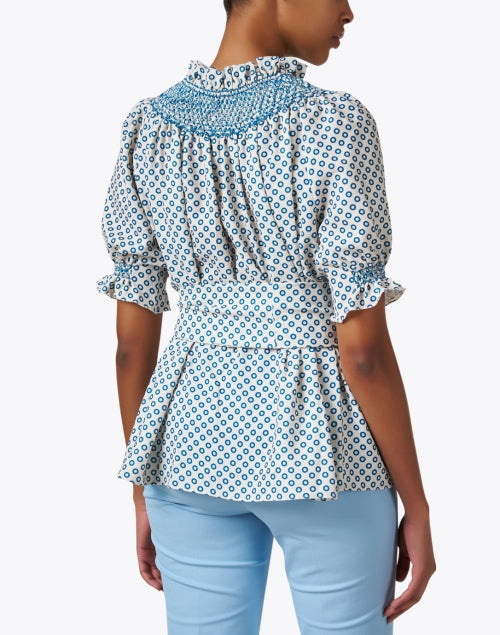 Charming Maria Blue Dotted Self - Tie Ruffle Neck Blouse